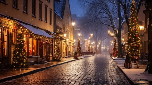 Christmas night street long exposure photography of empty space without people here