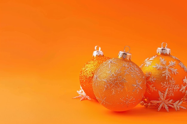 Christmas Orange Three Orange Bauble Christmas Decorations on Orange Background with Text Space