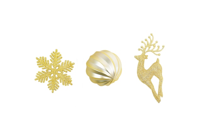 Christmas ornament ball reindeer snowflake with a gold color objects isolated with clipping path on white background