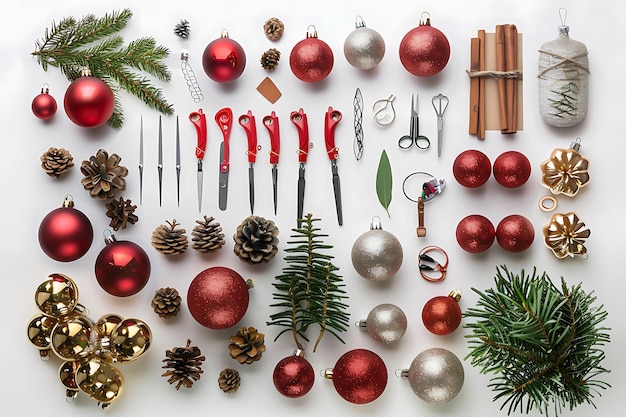 Christmas Ornament Decorations with Pine Branches and Tools