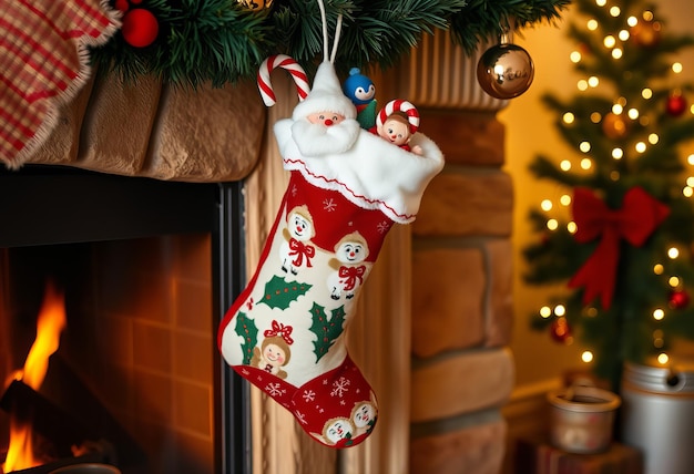 Photo a christmas ornament hanging from a tree with a santa claus on it