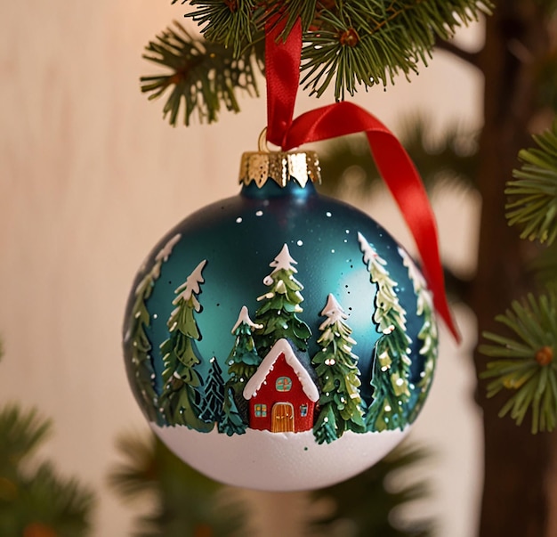 a christmas ornament that has a house on it