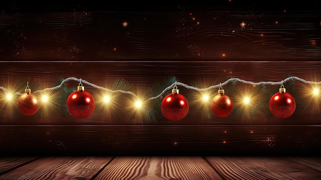 Christmas Ornament With Fir Branches And Lights On Dark Wooden Plank