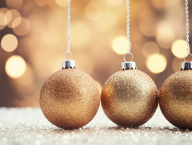 Christmas ornaments against shiny background Glittering New Year golden decorations Shiny gold christmas balls on bokeh background copy space for text for greetings Winter holiday banner