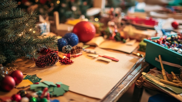 Christmas Ornaments and Pine Branches on a Wooden Table