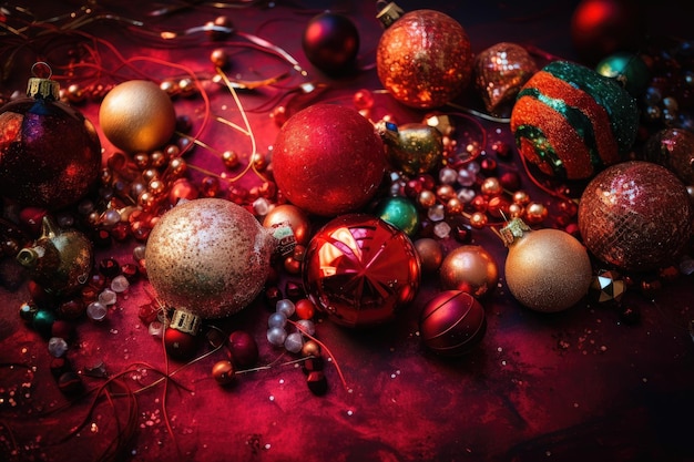 Christmas ornaments on a red background Generative AI