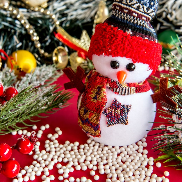 Christmas ornaments on red background