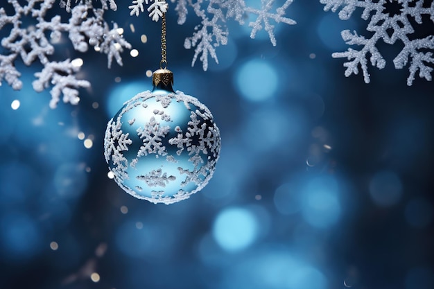 Christmas ornaments and snowflakes on a blue bokeh background Christmas decoration Generative AI