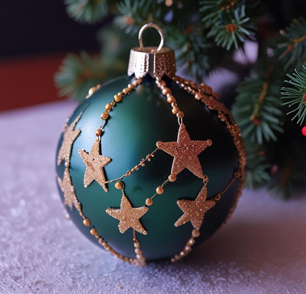 Photo christmas ornaments with gold starfish on it sits on a white surface