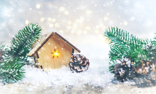 Christmas ornaments with spruce and snow