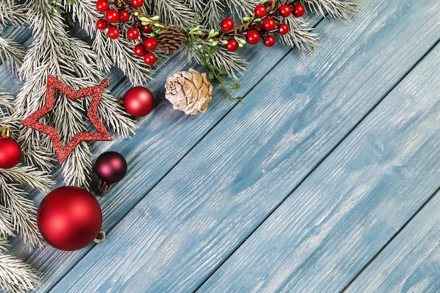 Christmas ornaments on the wooden background. Copy Space for text.