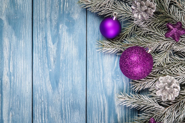 Christmas ornaments on the wooden background. Copy Space for text.