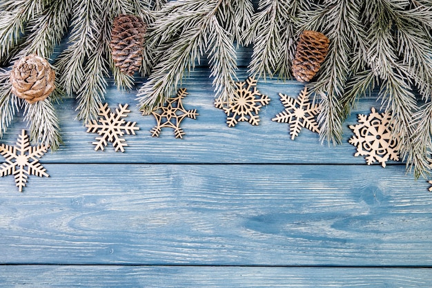 Christmas ornaments on the wooden background. Copy Space for text.