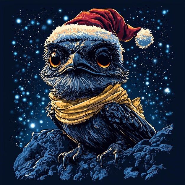 Christmas Owl With Scarf and Santa Hat