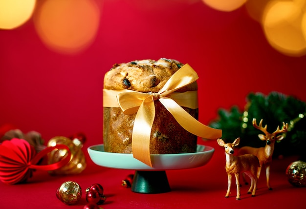 Christmas panettone decorated for a festive table, front view