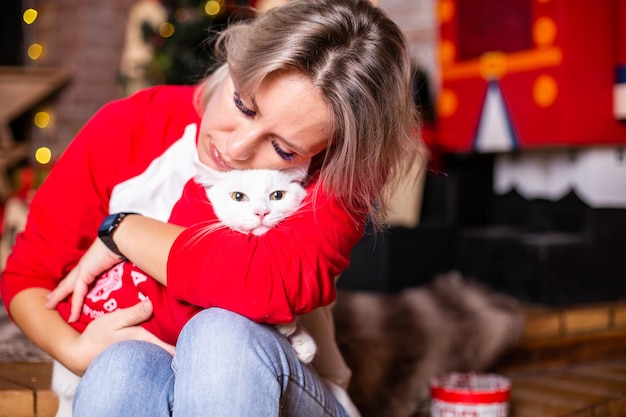 Christmas party winter holidays woman with cat