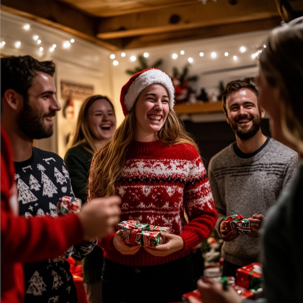 a Christmas party with a secret Santa gift exchange and people laughing and enjoying themselves1