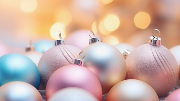 Christmas pastel baubles close up Abstract holiday decorations background