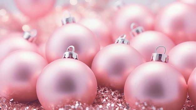 Christmas pastel pink baubles closeup Abstract holiday decorations background