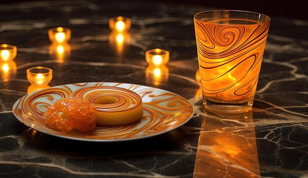 christmas pastries with an orange glaze on them next to a candle in a glass bowl