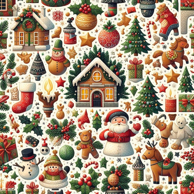 Christmas pattern decorations including santa snowman and christmas tree