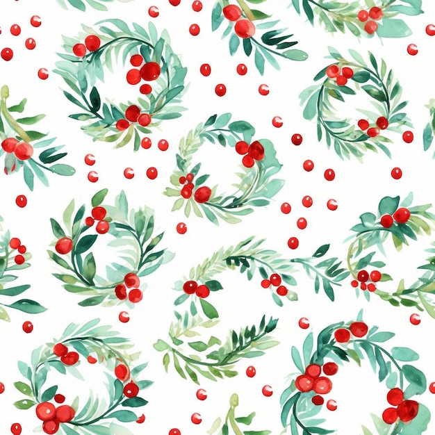 A christmas pattern with holly, holly, and red berries.