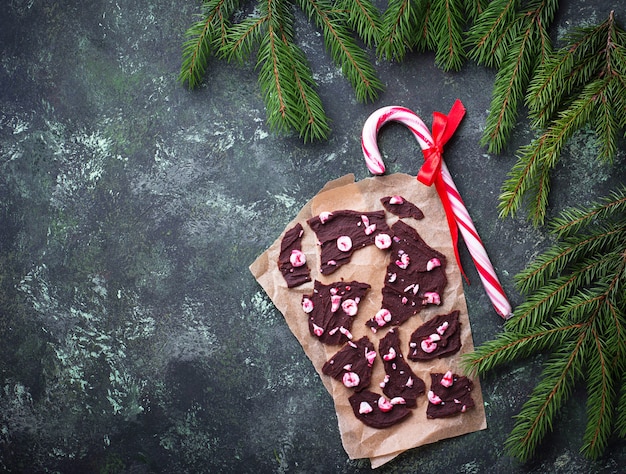 Christmas peppermint chocolate bark with candy cane chips. Top view