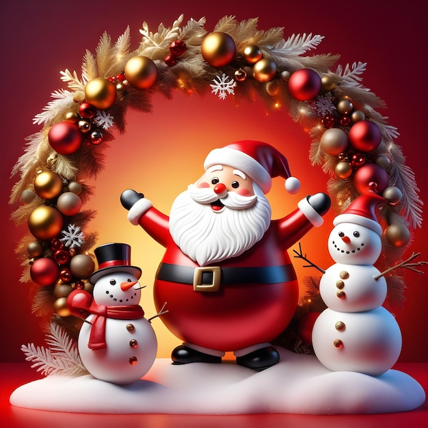 Christmas Picture Santa Claus and an endearing snowman with red gradient background