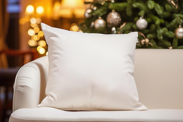 Christmas pillow mock up White sofa with big cotton square throw pillows in living room