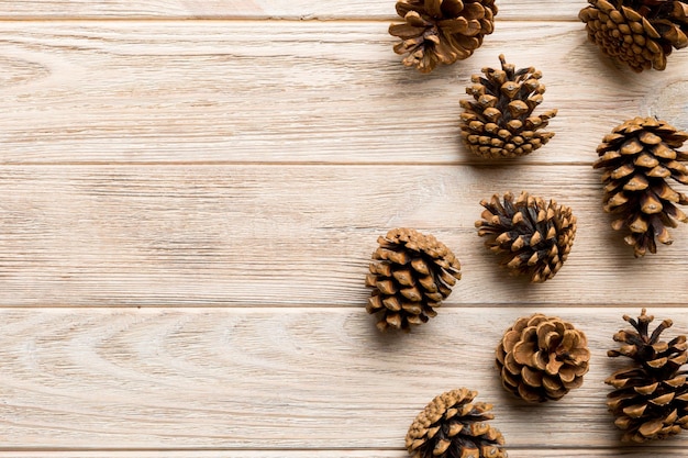 Christmas pine cones on colored paper border composition Christmas New Year winter concept Flat lay top view copy space