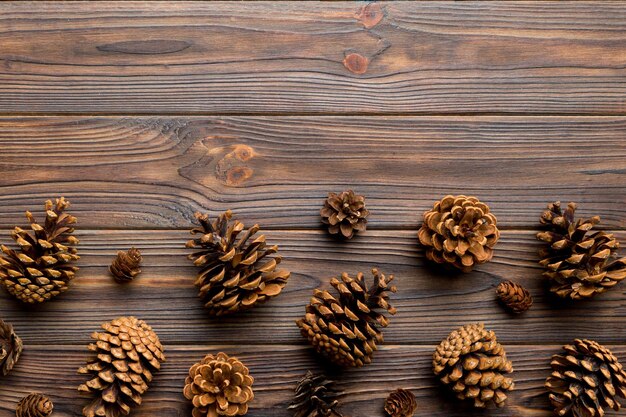 Christmas pine cones on colored paper border composition Christmas New Year winter concept Flat lay top view copy space