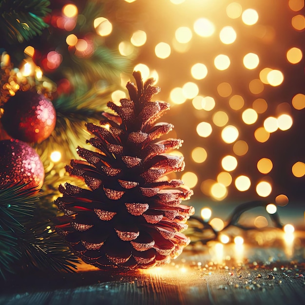 A Christmas pinecone against a backdrop of lights