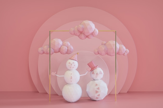 Christmas Pink Podium Scene With Snowman And clouds Collections 3d Render