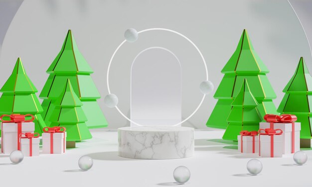 Christmas podium for branding and packaging presentation Product display with gift boxes Christmas showcase Cosmetic and fashion 3d rendering