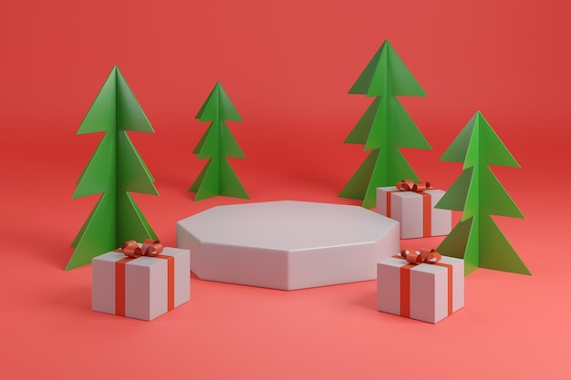 Christmas podium with trees and gifts on red background.