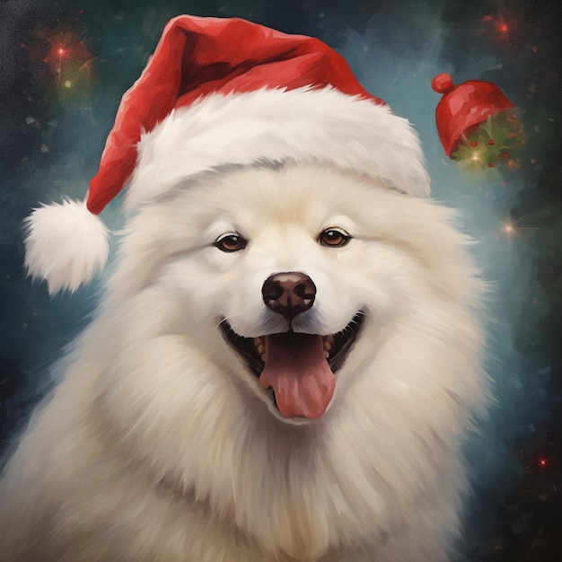 Christmas postcard Samoyed dog with Santa hat