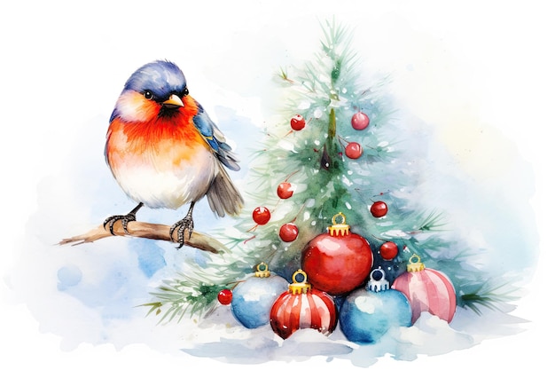 Christmas Poster illustration of Christmas Background with branches of christmas tree and bullfinch Post processed AI generated image