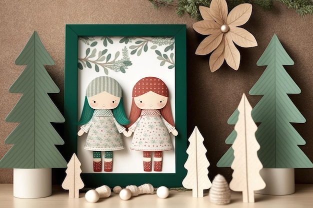 Christmas poster mockup Handmade dolls on white with green fir trees and red handmade paper gift