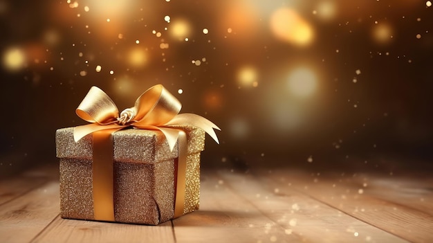 Christmas Present with Gold Ribbon and Gold Christmas Decorations background Generative Ai