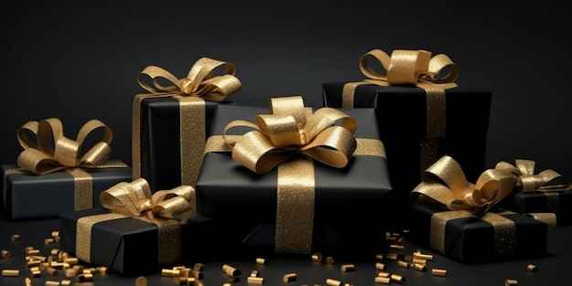 Christmas presents Black boxes with ribbons as on a armchair Generative AI