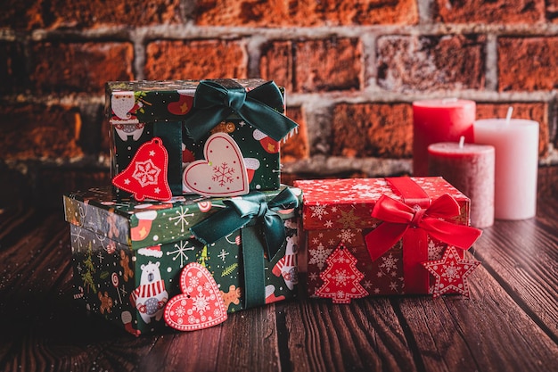 Christmas presents Christmas gift boxes on wood