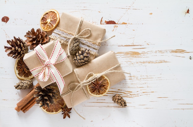 Christmas presents in rustic wrap background