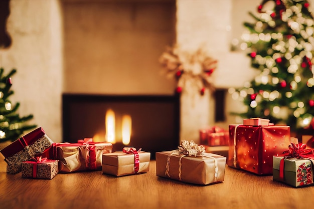 Christmas presents with decorations on the table in front of a fireplace