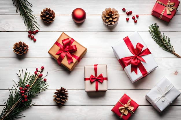 Christmas presents with a red ribbon on a white wooden table and a christmas tree