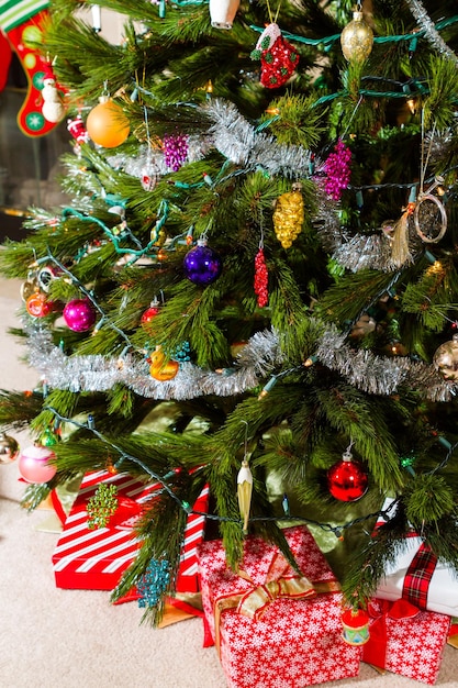 Christmas presents wrapped in colorful paper.