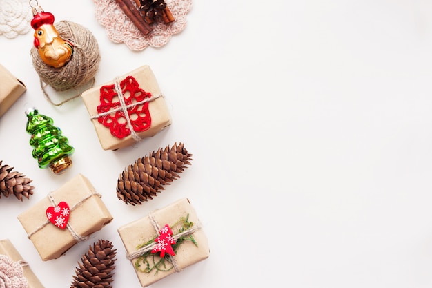 Christmas presents wrapped in craft paper and Christmas decorations