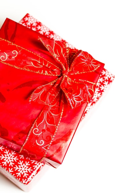 Christmas presents wrapped in red paper.