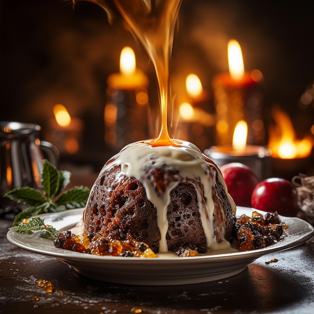 Christmas pudding with a flaming brandy sauce