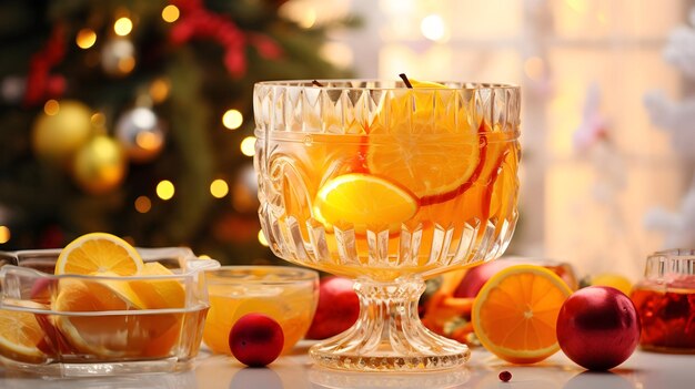 Christmas punch a traditional fruity alcohol drink in a crystal bowl with slices of oranges