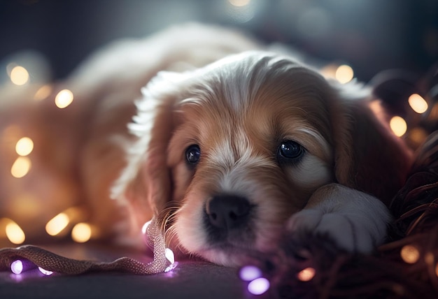 Photo christmas puppy closeup against the background of lights ai generated